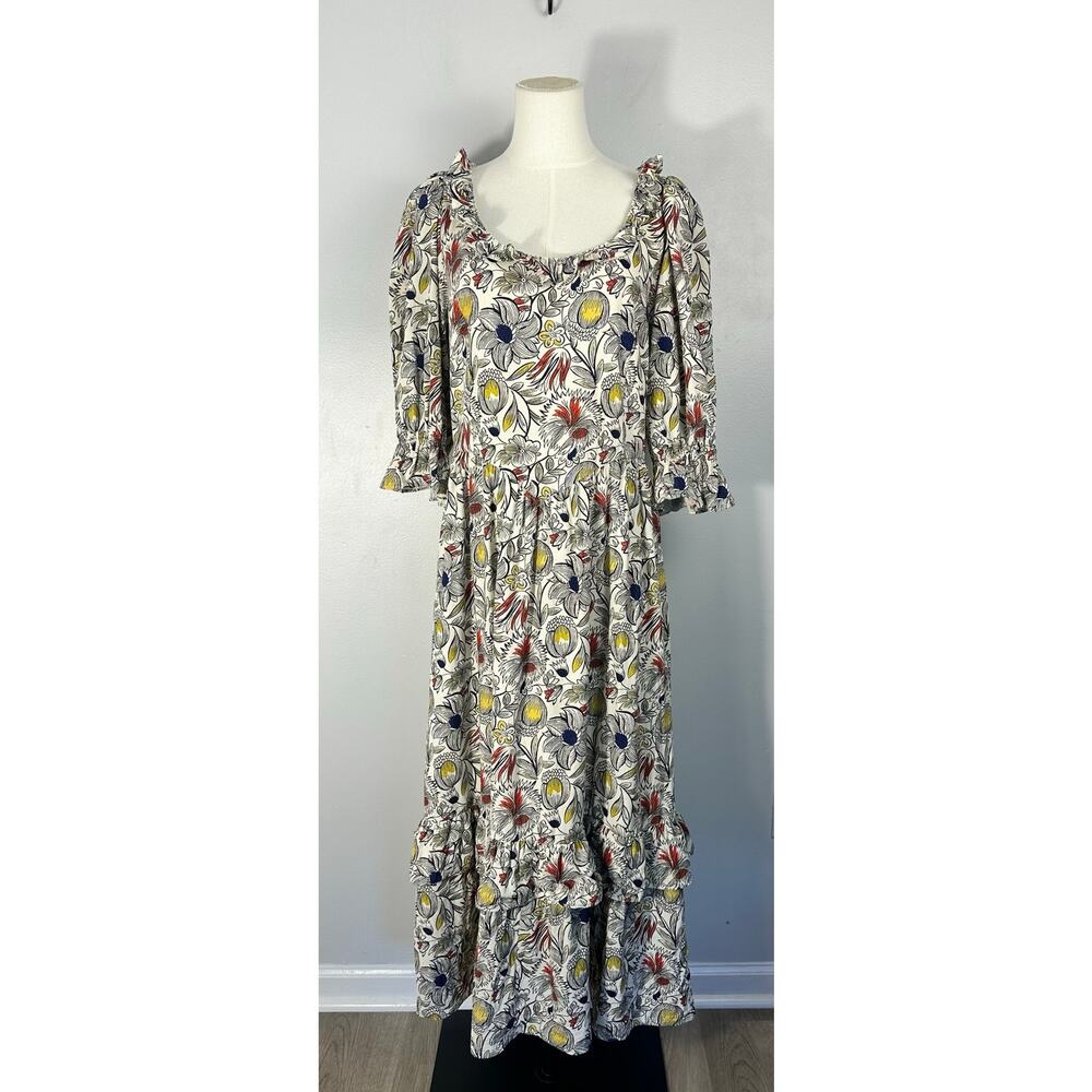 Meadows Floral Midi Dress Cottagecore Boho Ruffle Hem Puff Sleeve Romantic Sz 8 - Picture 2 of 13